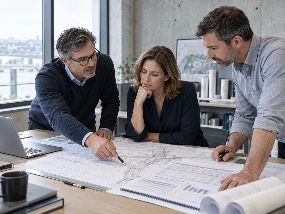 Imagen conceptual de profesionales revisando planos y documentos del proyecto.