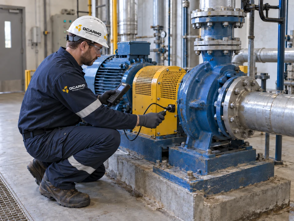 Imagen conceptual de un especialista con un instrumento de medición junto a una bomba industrial.