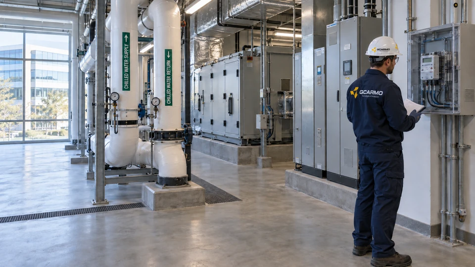 Imagen conceptual de instalaciones de eficiencia energética y operación de un edificio.
