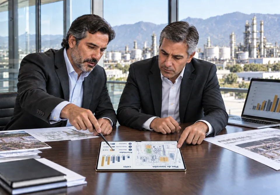 Dos directivos revisan un plan de inversión con prioridades y CAPEX en una tableta, con una planta industrial al fondo.