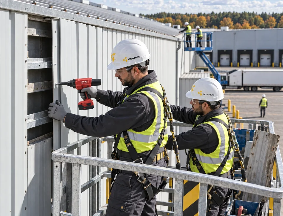 Dos técnicos con casco y arnés, en una plataforma elevadora, fijan un panel metálico en la fachada de una nave industrial con un taladro.