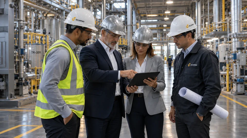 Cuatro profesionales con casco revisan una tableta y planos dentro de una planta industrial.