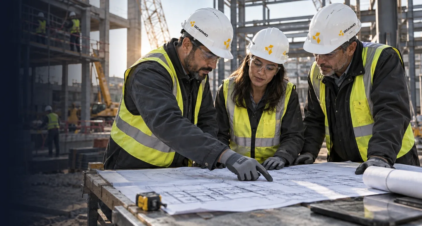 Tres profesionales con casco y chaleco revisan planos en una obra en construcción.