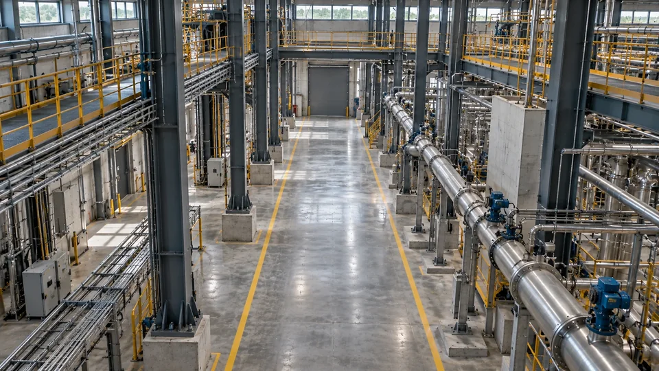 Vista elevada del interior de una nave industrial con columnas de acero, tuberías de acero inoxidable, pasarelas con barandal amarillo y pasillo central marcado.