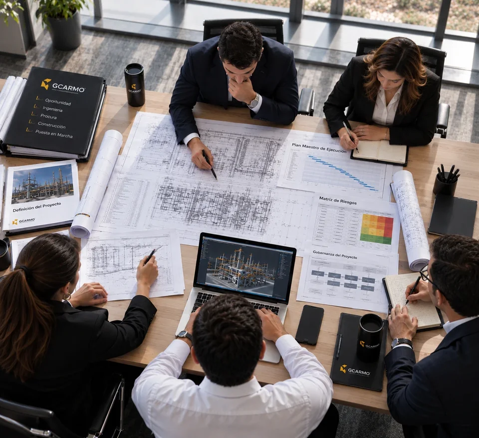 Vista cenital de cinco profesionales alrededor de una mesa con planos, un cronograma, una matriz de riesgos y un diagrama de gobernanza del proyecto.
