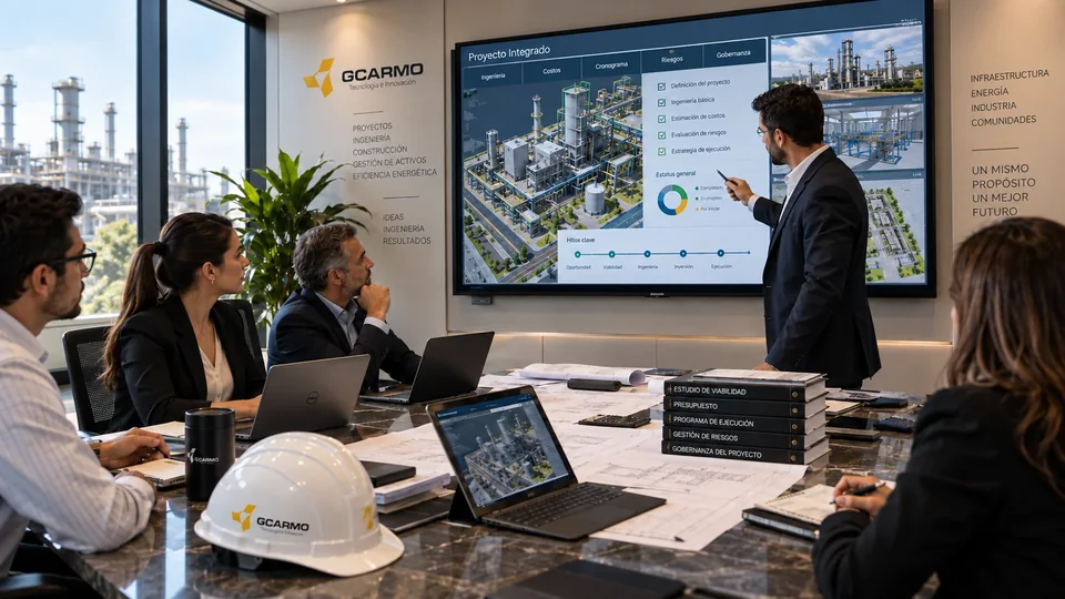 Un profesional presenta en una pantalla el proyecto integrado con ingeniería, costos, cronograma, riesgos y gobernanza a cuatro colegas en una sala de juntas.