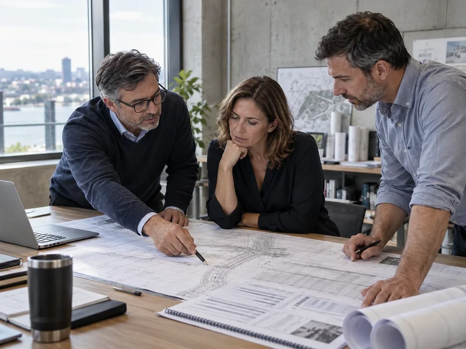 Tres profesionales revisan planos sobre una mesa de trabajo en una oficina.