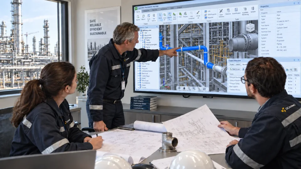 Un profesional señala un modelo 3D de tuberías en una pantalla mientras dos colegas revisan planos en una sala de juntas.