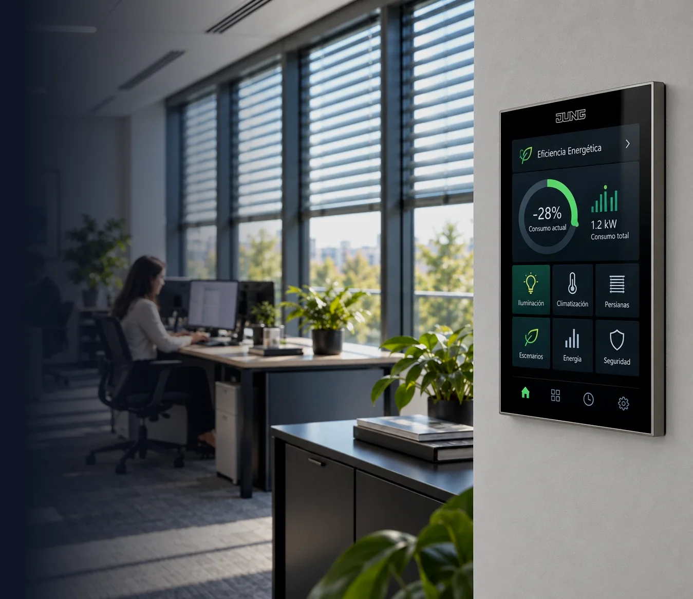 Oficina con panel táctil de control de eficiencia energética en la pared.