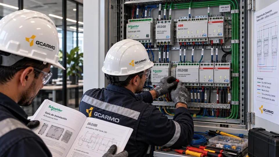 Dos técnicos con casco revisan y cablean un tablero de automatización KNX con manual de instalación.